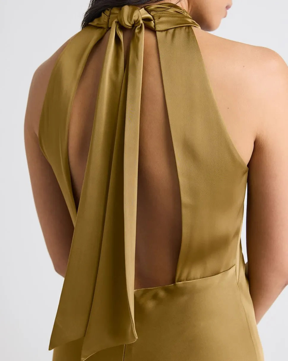 Satin Sleeveless Halter-Neck Midi Cocktail Dress