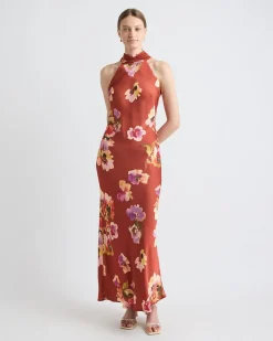 Satin Sleeveless Halter-Neck Midi Cocktail Dress