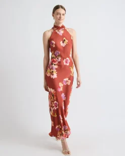 Satin Sleeveless Halter-Neck Midi Cocktail Dress