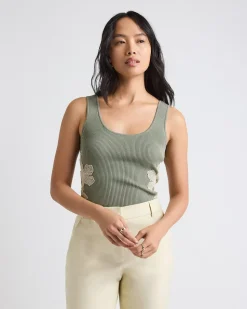 Scoop-Neck Ribbed Bodycon Tank with Flower Inserts