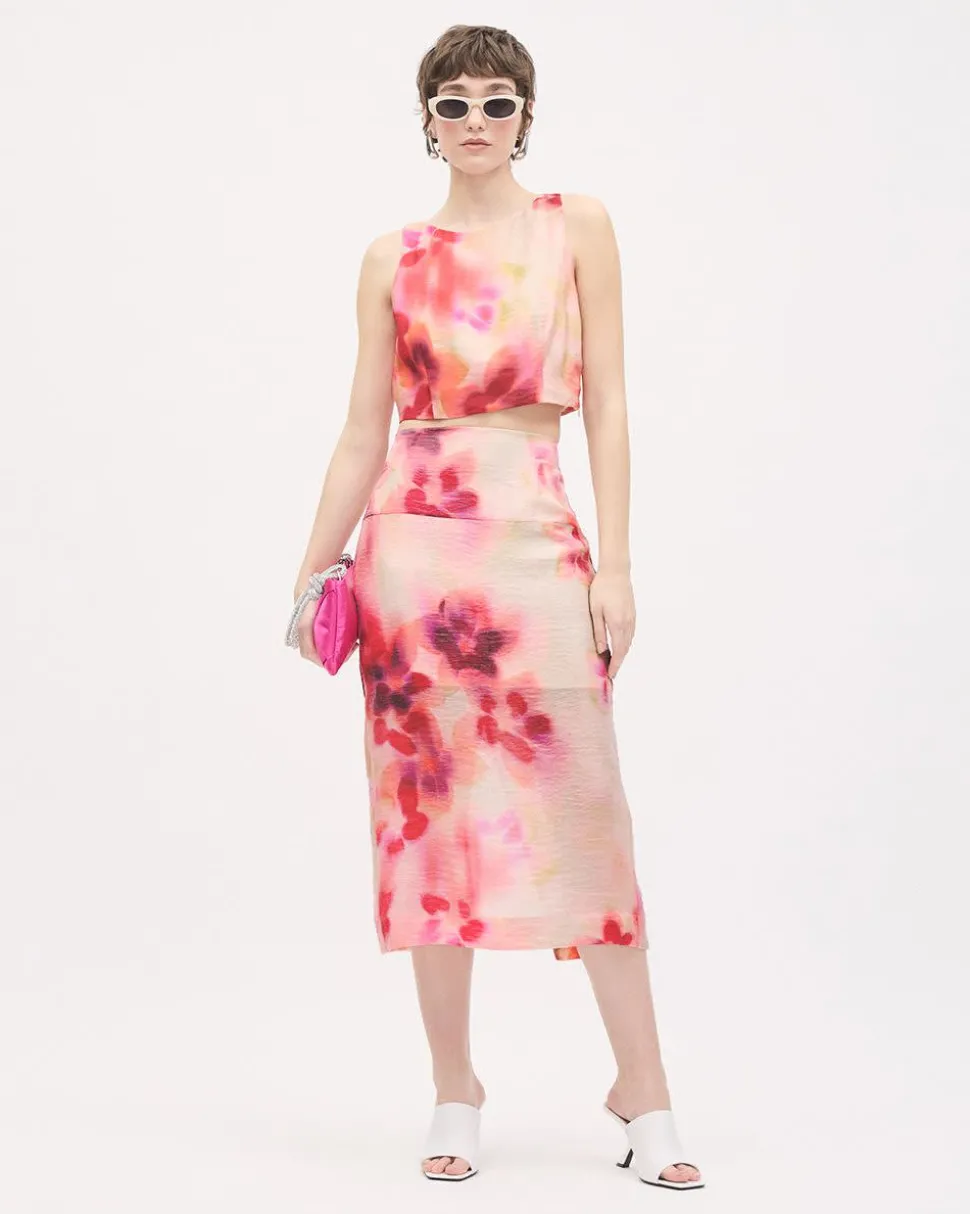 Sheer Pencil Midi Skirt with Floral Print