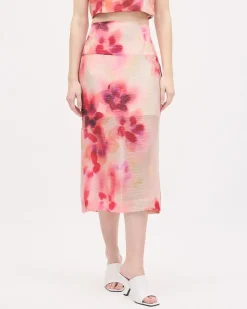 Sheer Pencil Midi Skirt with Floral Print