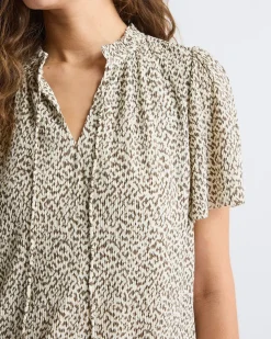 Short-Flutter-Sleeve Split-Neck Top
