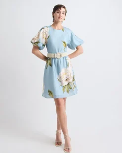 Short-Puffy-Sleeve Crew-Neck Mini Dress