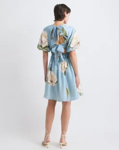 Short-Puffy-Sleeve Crew-Neck Mini Dress