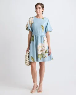 Short-Puffy-Sleeve Crew-Neck Mini Dress