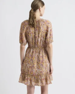 Short-Puffy-Sleeve Split-Neck Mini Dress