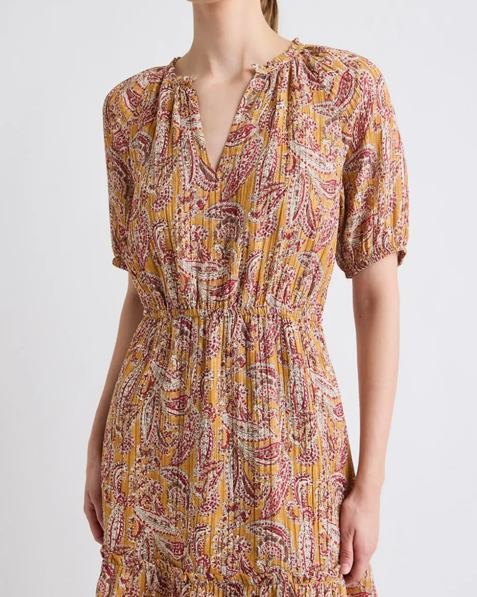 Short-Puffy-Sleeve Split-Neck Mini Dress