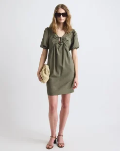 Short-Puffy-Sleeve V-Neck Fluid Mini Dress
