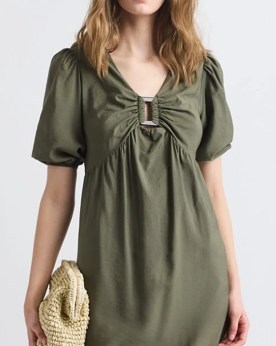 Short-Puffy-Sleeve V-Neck Fluid Mini Dress