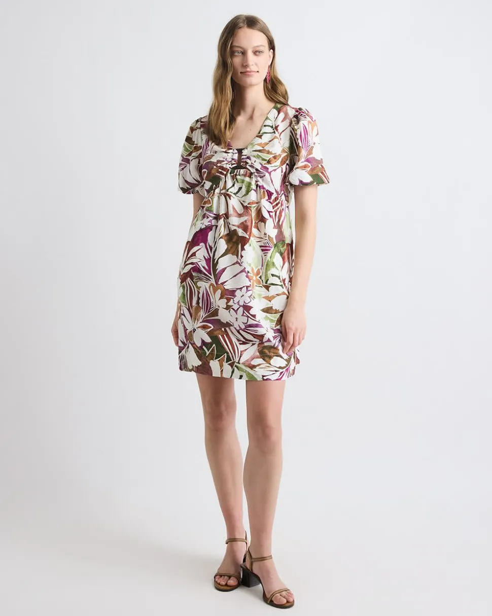 Short-Puffy-Sleeve V-Neck Fluid Mini Dress