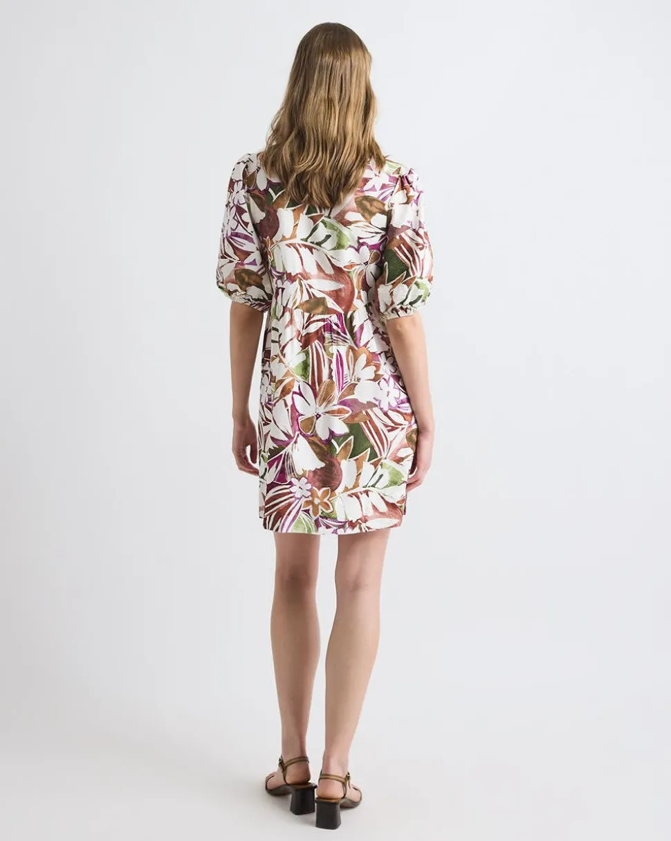 Short-Puffy-Sleeve V-Neck Fluid Mini Dress