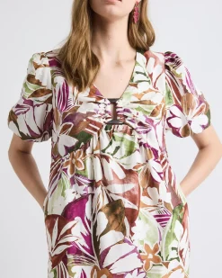 Short-Puffy-Sleeve V-Neck Fluid Mini Dress