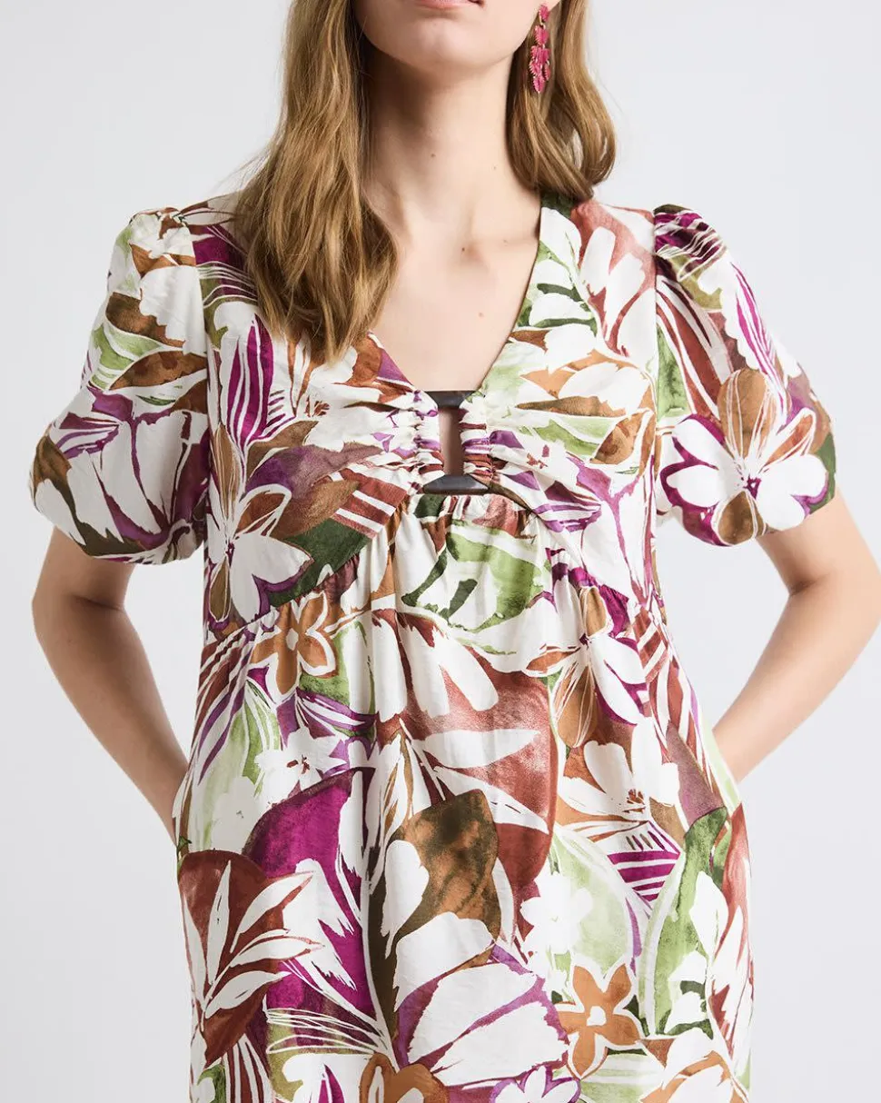 Short-Puffy-Sleeve V-Neck Fluid Mini Dress