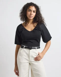 Short-Puffy-Sleeve V-Neck Mix-Media Top
