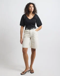 Short-Puffy-Sleeve V-Neck Mix-Media Top