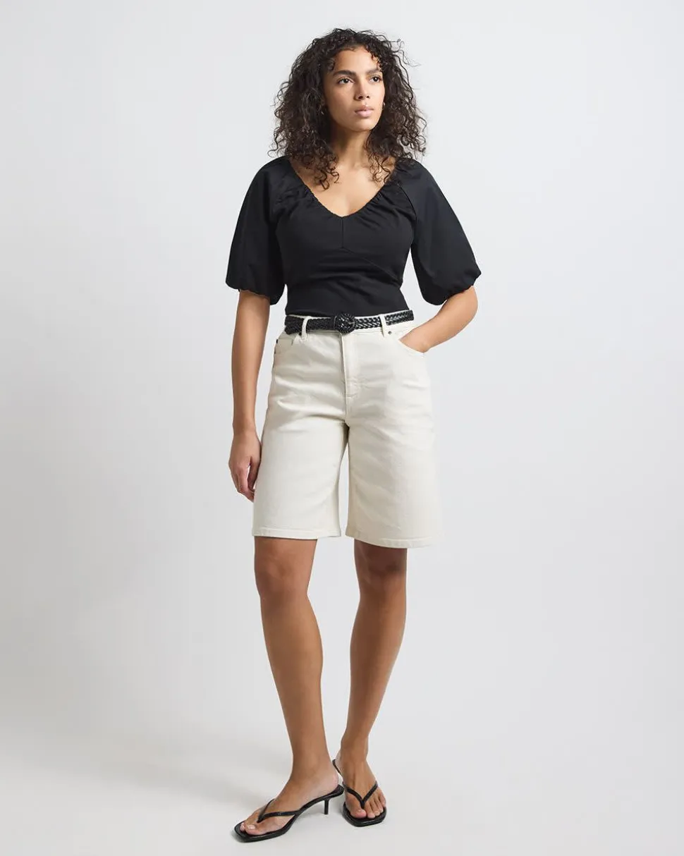 Short-Puffy-Sleeve V-Neck Mix-Media Top
