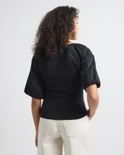 Short-Puffy-Sleeve V-Neck Mix-Media Top