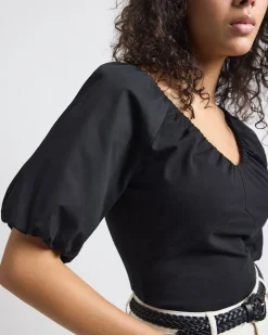 Short-Puffy-Sleeve V-Neck Mix-Media Top