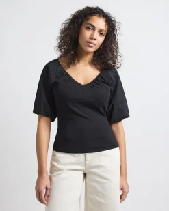 Short-Puffy-Sleeve V-Neck Mix-Media Top