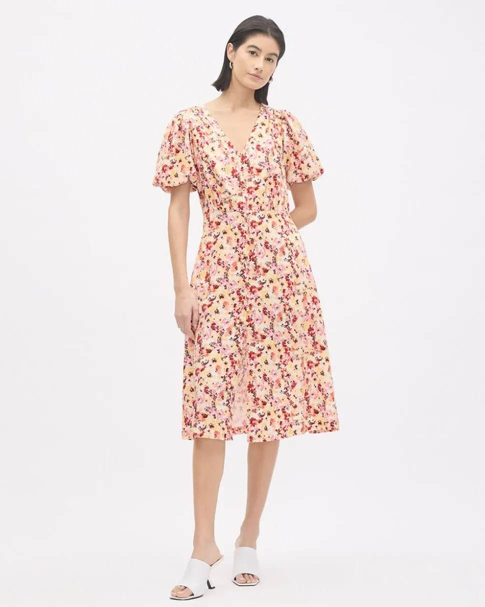 Short-Puffy-Sleeve V-Neck Midi Dress
