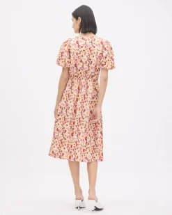 Short-Puffy-Sleeve V-Neck Midi Dress