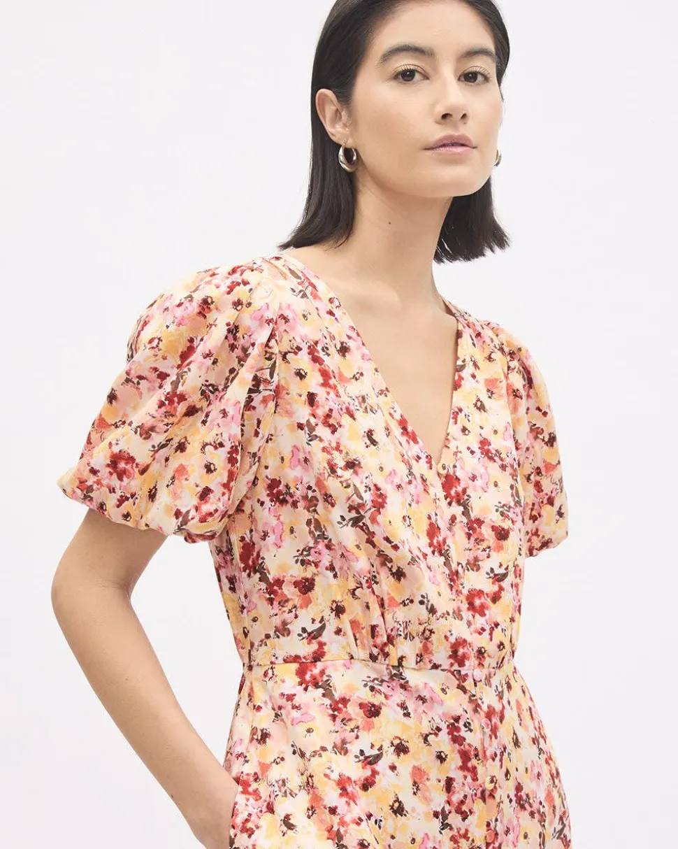 Short-Puffy-Sleeve V-Neck Midi Dress