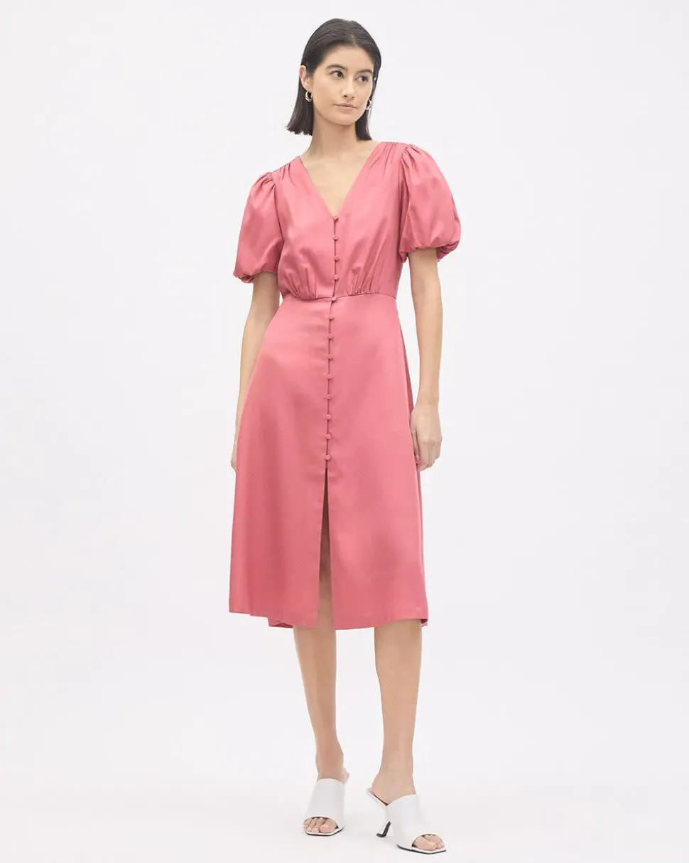 Short-Puffy-Sleeve V-Neck Midi Dress