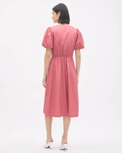 Short-Puffy-Sleeve V-Neck Midi Dress