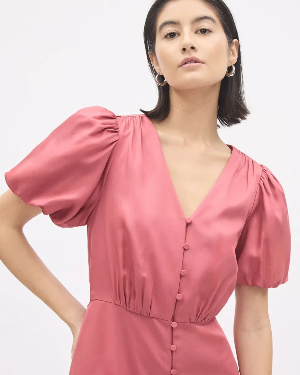 Short-Puffy-Sleeve V-Neck Midi Dress