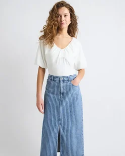 Short-Puffy-Sleeve V-Neck Mix-Media Top