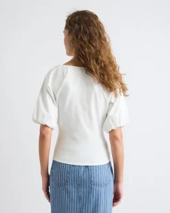 Short-Puffy-Sleeve V-Neck Mix-Media Top