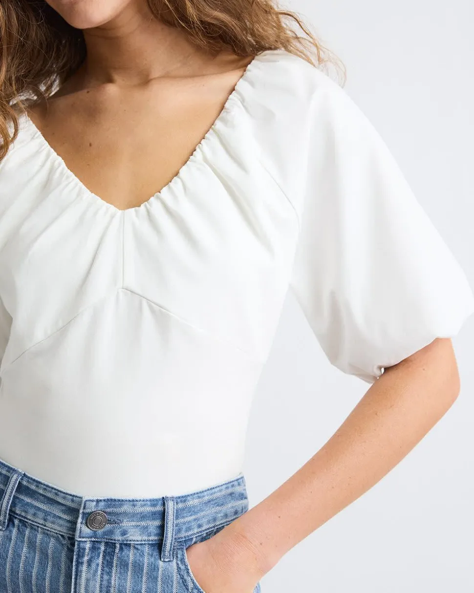 Short-Puffy-Sleeve V-Neck Mix-Media Top