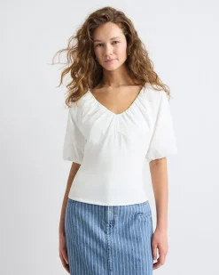 Short-Puffy-Sleeve V-Neck Mix-Media Top