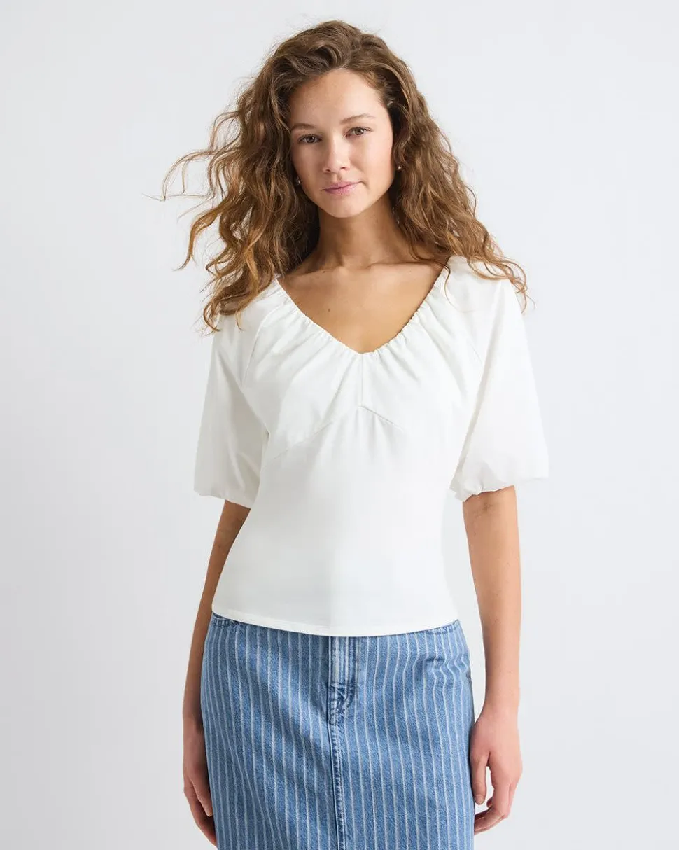 Short-Puffy-Sleeve V-Neck Mix-Media Top