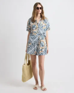 Short-Sleeve Buttoned-Down Satin Blouse