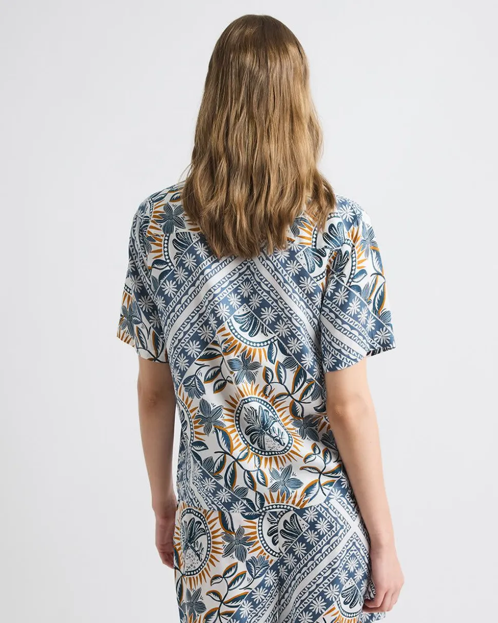 Short-Sleeve Buttoned-Down Satin Blouse