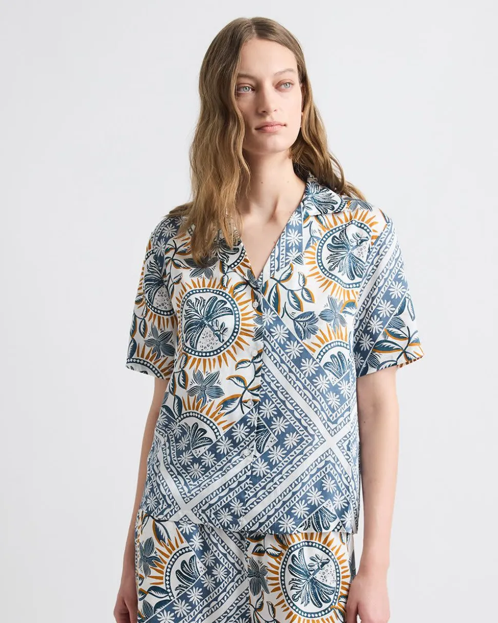 Short-Sleeve Buttoned-Down Satin Blouse