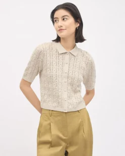 Short-Sleeve Buttoned-Down Sweater Top with Shirt Collar