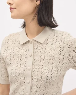 Short-Sleeve Buttoned-Down Sweater Top with Shirt Collar