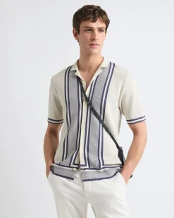 Short-Sleeve Buttoned-Down Sweater Shirt with Camp Collar