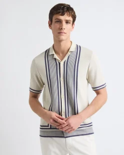 Short-Sleeve Buttoned-Down Sweater Shirt with Camp Collar