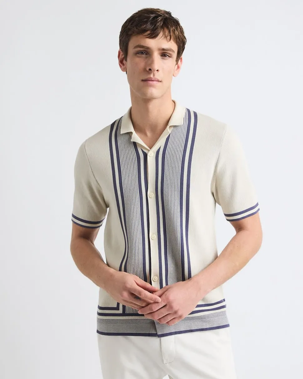 Short-Sleeve Buttoned-Down Sweater Shirt with Camp Collar