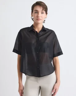 Short-Sleeve Buttoned-Down Blouse with Shirt Collar