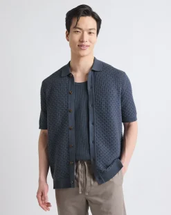 Short-Sleeve Buttoned-Down Textured Sweater with Shirt Collar