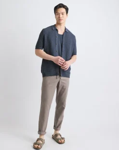 Short-Sleeve Buttoned-Down Textured Sweater with Shirt Collar