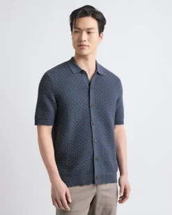 Short-Sleeve Buttoned-Down Textured Sweater with Shirt Collar