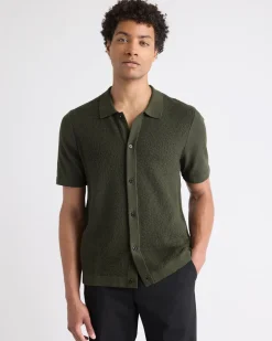 Short-Sleeve Buttoned-Down Textured Sweater with Shirt Collar