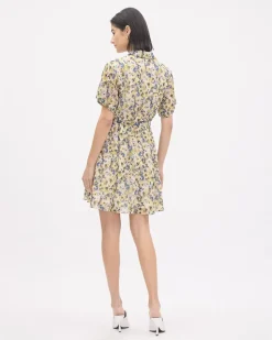 Short-Sleeve Buttoned-Down Chiffon Dress with Shirt Collar