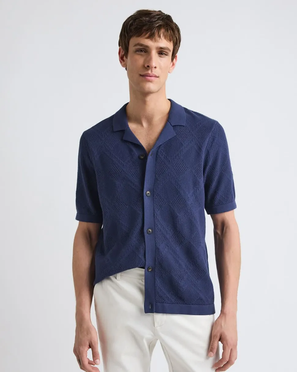 Short-Sleeve Buttoned-Down Argyle Sweater with Camp Collar